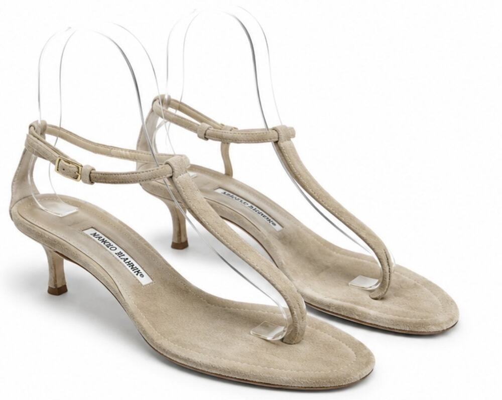 Manolo Blahnik Beige Suede T-Strap Sandals Kitten Heel Italy Women’s US 10.5